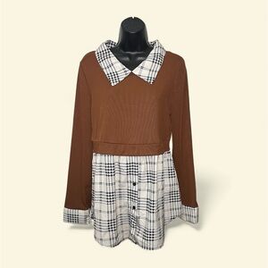 SHEIN Brown, Beige & Black Plaid Blouse